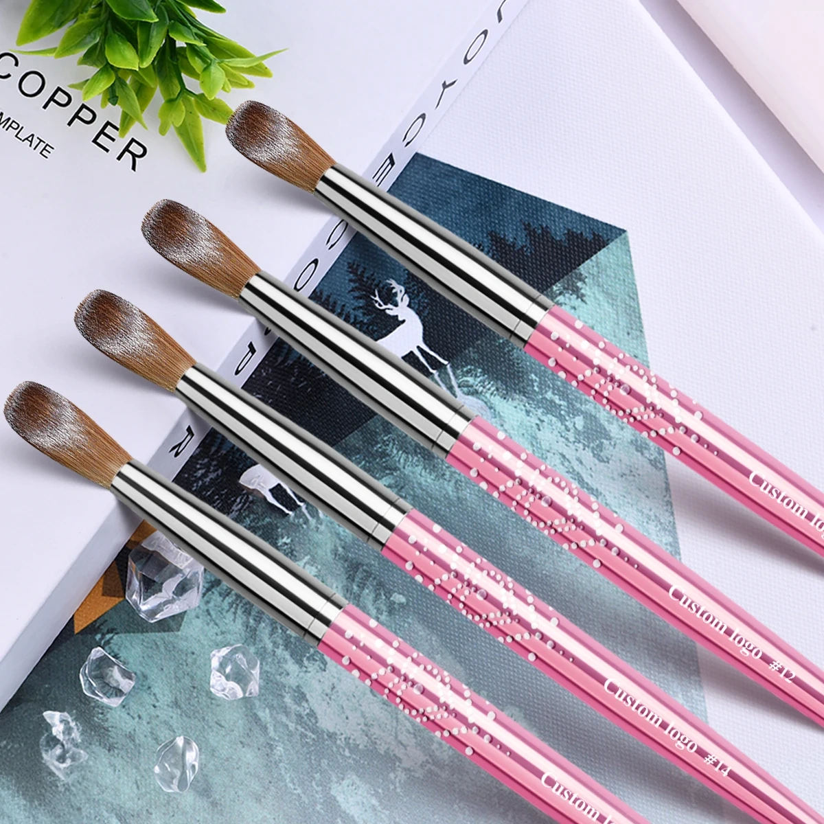 Customized Pink Metal Handle Flat/Oval Hair Shape Handmade 100% Pure Kolinsky Brush for Acrylic Nails
