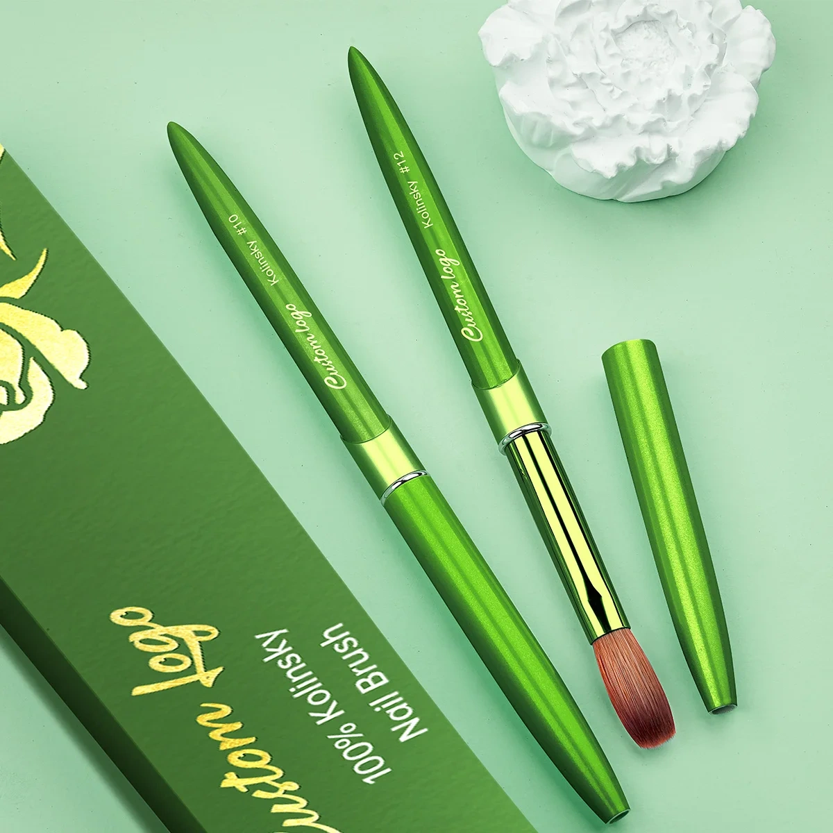 Best Selling Pure 100% Kolinsky Green Metal Nail Art Brush Custom Salon Acrylic Nails Brush