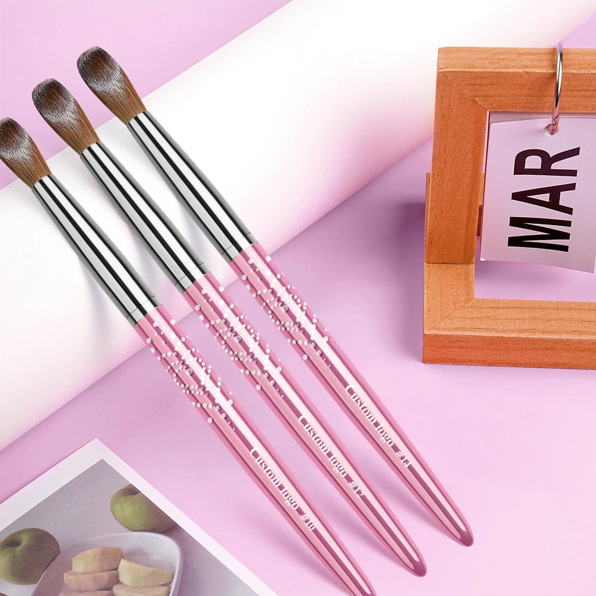 Customized Pink Metal Handle Flat/Oval Hair Shape Handmade 100% Pure Kolinsky Brush for Acrylic Nails