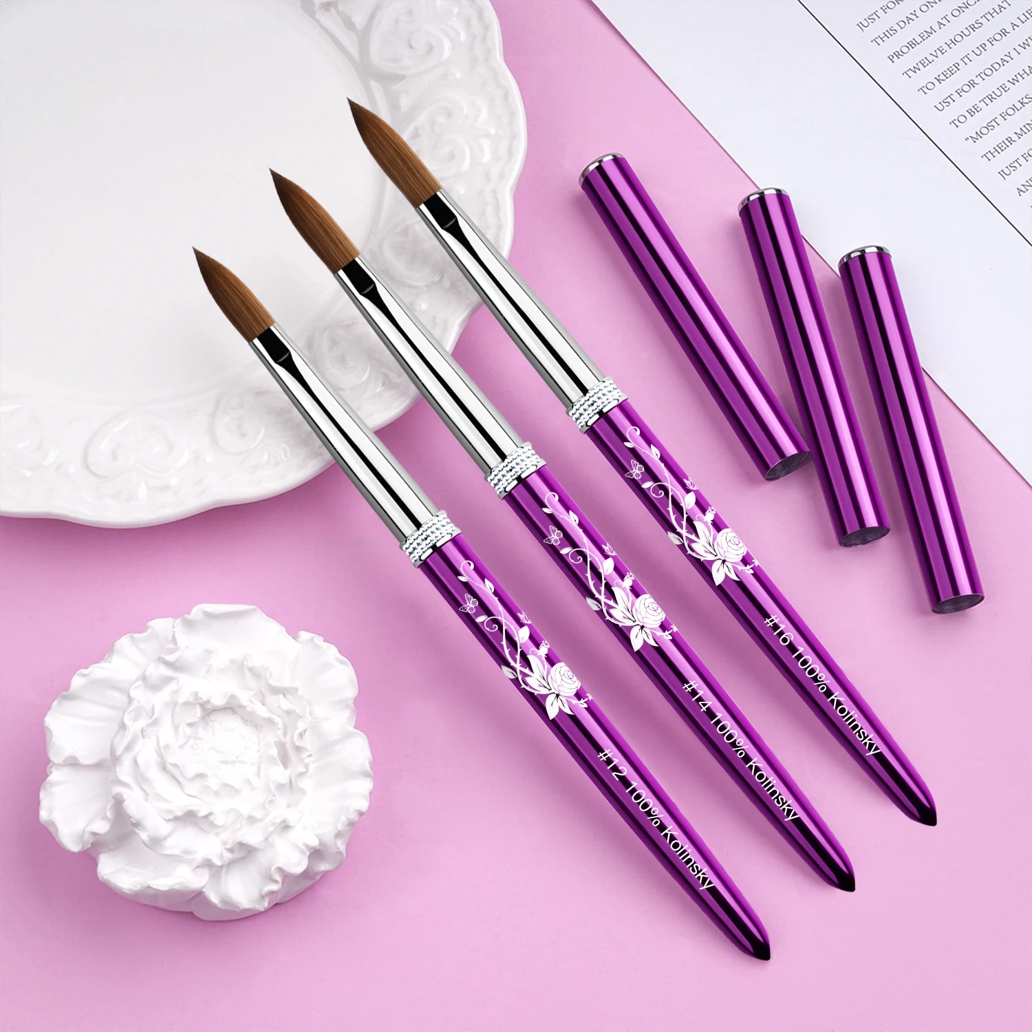 NEW Metal 100% Pure Kolinsky Hair Acrylic Nail Brush Size 8-18  Crimped Acrylic Dipping Powder Nail Brush for Acrylic