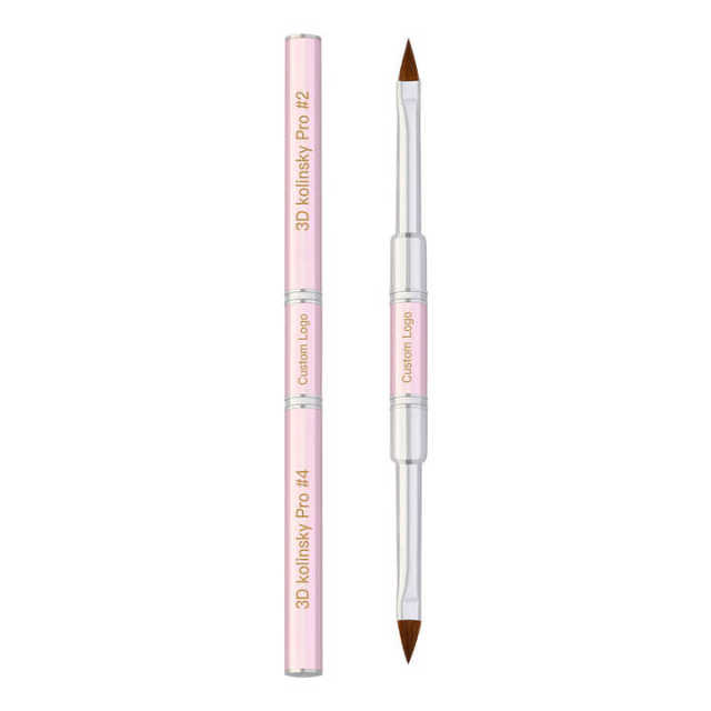 Wholesale OEM Packaging Sliver Ferrule Double-end Crimped Pink 100% Kolinsky Acrylic 3D Nail Art Brush Size 4