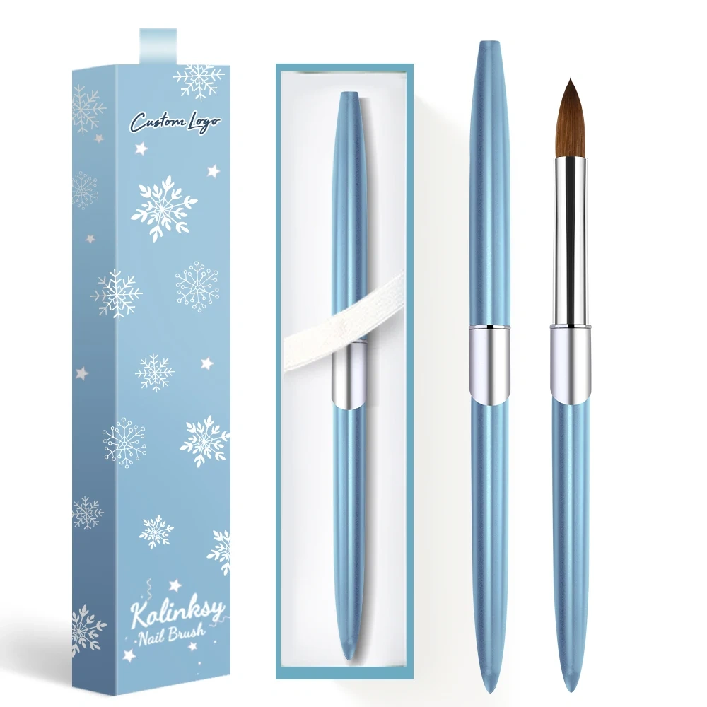 USA Top Quality Acrylic Brush Metal Kolinsky Box Blue Color Private Logo Original Kolinsky Nail Brush for Nails 10