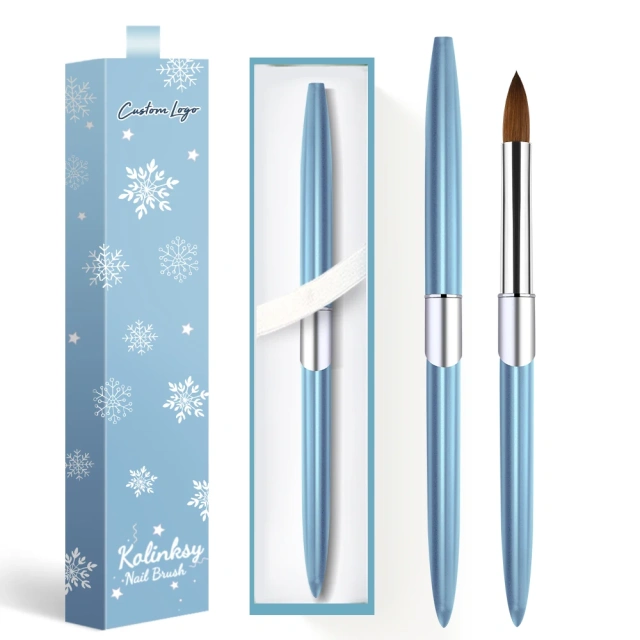 USA Top Quality Acrylic Brush Metal Kolinsky Box Blue Color Private Logo Original Kolinsky Nail Brush for Nails 10