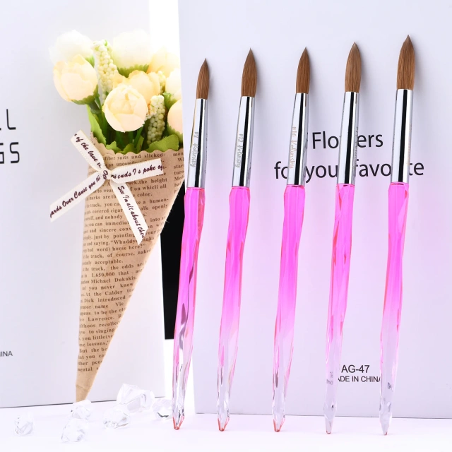 USA #2-18 Kolinsky Professional Pure Acrylic Brushes Pink Crystal Handle Nail Art Crimped Acrylic Brush