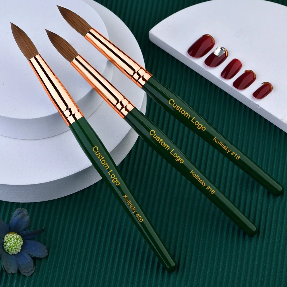 Best USA Size 12/14/16/18/20 Nail Brush Kolinsky Round /Oval Acrylic Nail Brush with Green Wooden Handle for Custom Logo