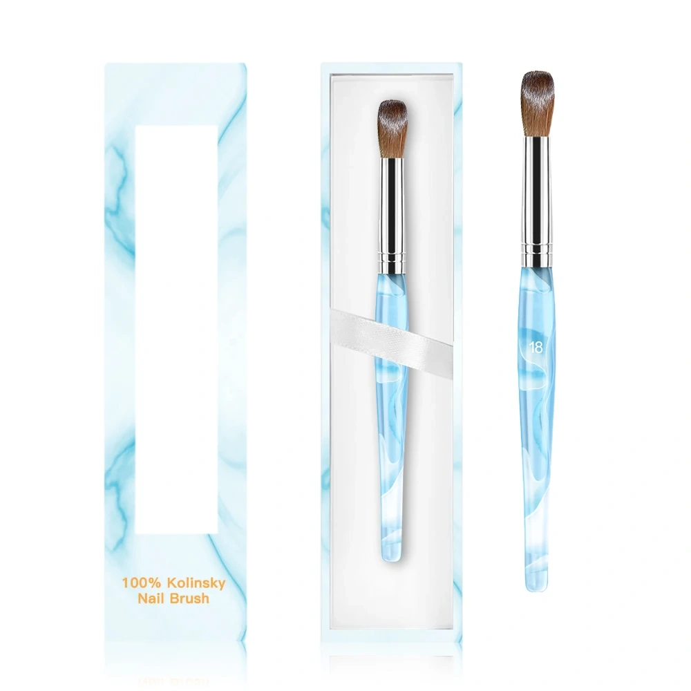 Wholesale OEM Packaging Sky Blue Ferrule Acrylin Crimped 100% Kolinsky Acrylic Nail Brush Nails Size 8 10 12 14 16 18 20