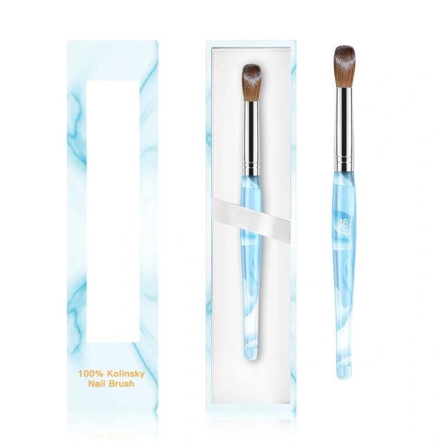 Wholesale OEM Packaging Sky Blue Ferrule Acrylin Crimped 100% Kolinsky Acrylic Nail Brush Nails Size 8 10 12 14 16 18 20