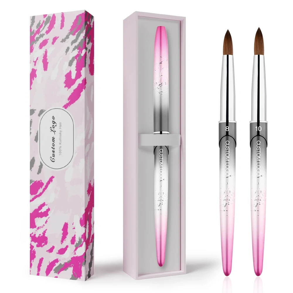 Professional Gradient Pink Black 100% Pure Kolinsky Acrylic Metal Handle Nail Art Brushes