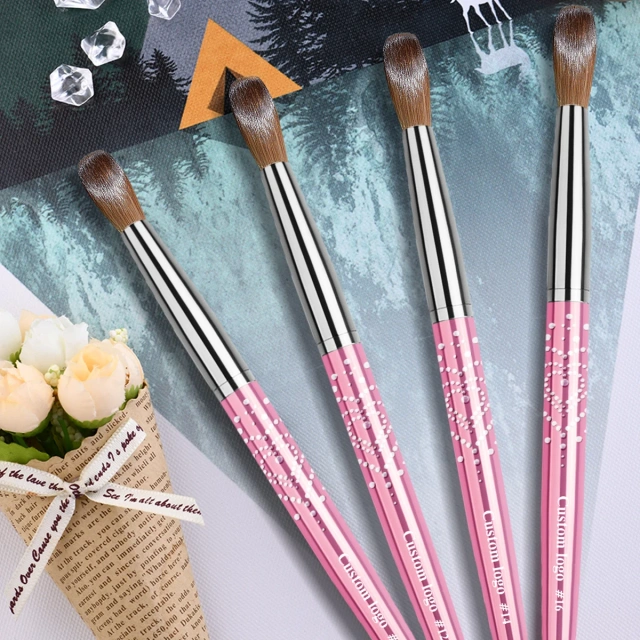 Customized Pink Metal Handle Flat/Oval Hair Shape Handmade 100% Pure Kolinsky Brush for Acrylic Nails