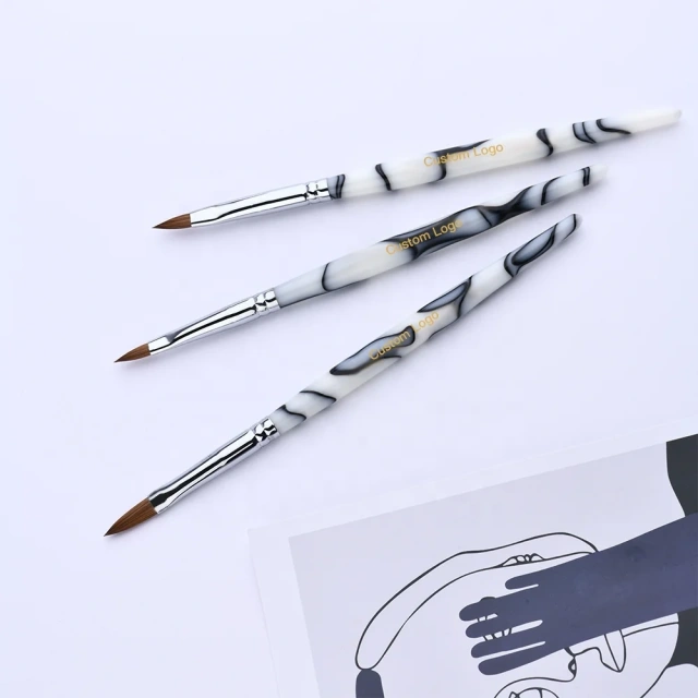 Wholesale 3d Crimped Custom Logo Marble Acrylic Handle 100% Kolinsky Hair 3D Nail Brush for #2 #4 #6