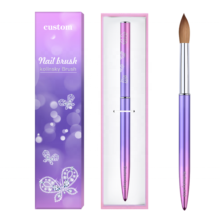 Popular Nail Supply Luxury Purple Metal Custom Acrylic Round Pure Beauty Pincel Kolinsky 100 Sable Nail Brush Set with Box #8-16