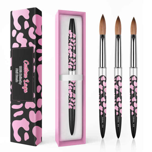 Handmade Acrylic Nail Brush Cow Black Leopard Printing Metal Salon Nail Beauty Pure Kolinsky Nail Brush