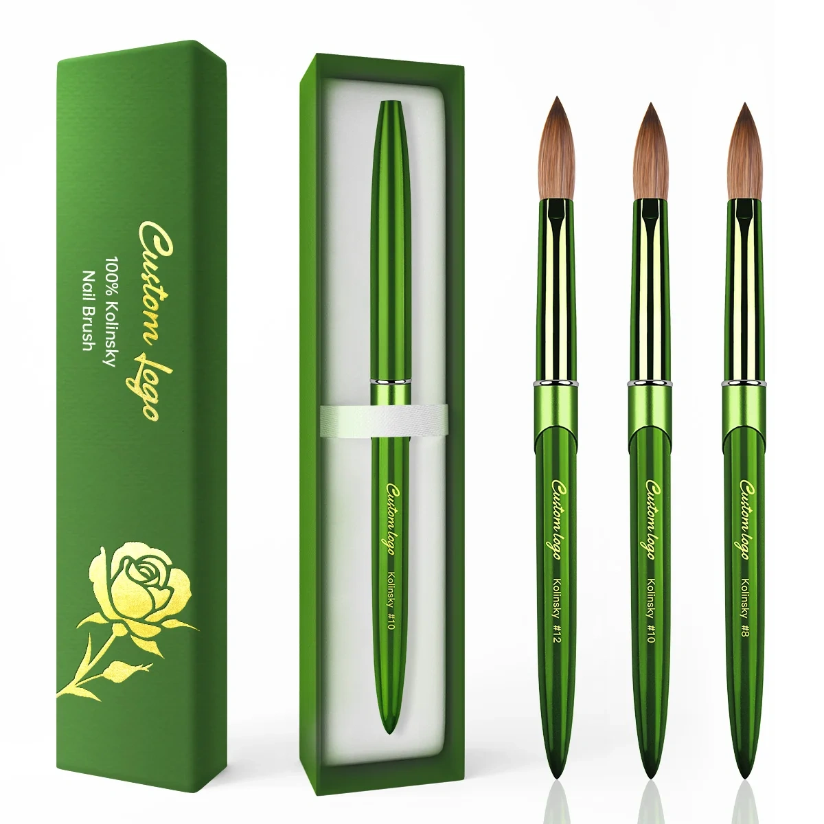 Best Selling Pure 100% Kolinsky Green Metal Nail Art Brush Custom Salon Acrylic Nails Brush