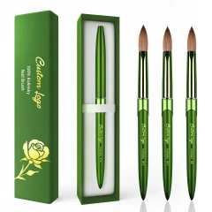 Best Selling Pure 100% Kolinsky Green Metal Nail Art Brush Custom Salon Acrylic Nails Brush