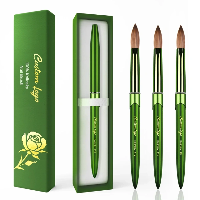 Best Selling Pure 100% Kolinsky Green Metal Nail Art Brush Custom Salon Acrylic Nails Brush