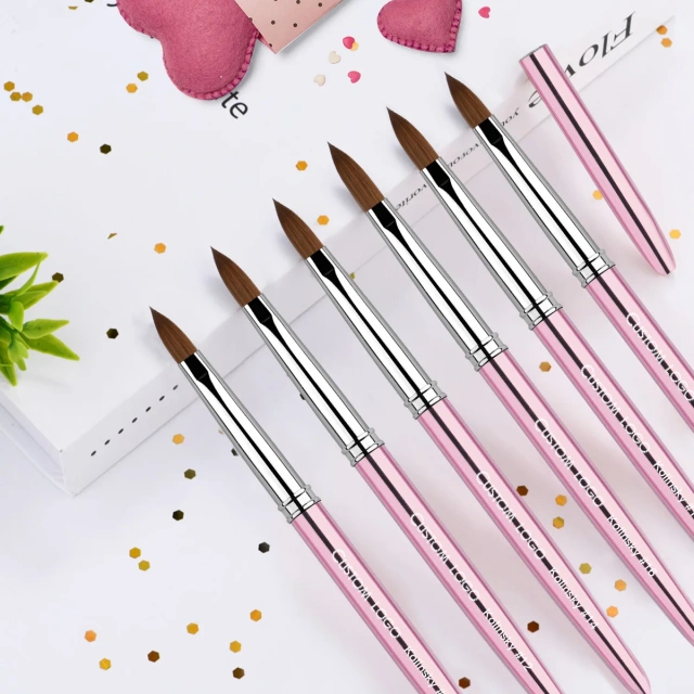 New Arrivals Rose Pink Metal Handle Custom Logo Professional Acrylic Kolinsky Nail Brush