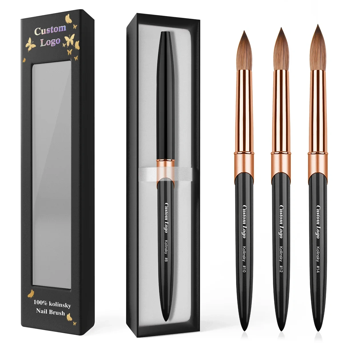 High Quality 100% Kolinsky Hair Black Metal Rose Gold Ferrule Kolinsky Nail Brush Nail Acrylic Brush