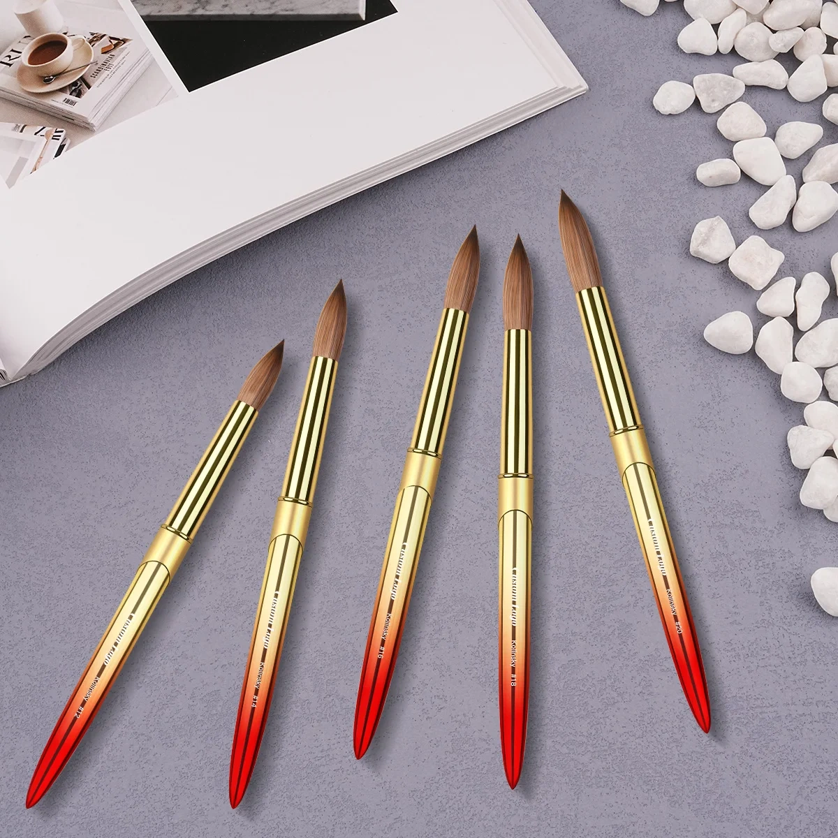 Premium 100% Kolinsky Nails Brush Gold Red Gradient Crimped #8-#22 Custom Logo Nail Acrylic Brush