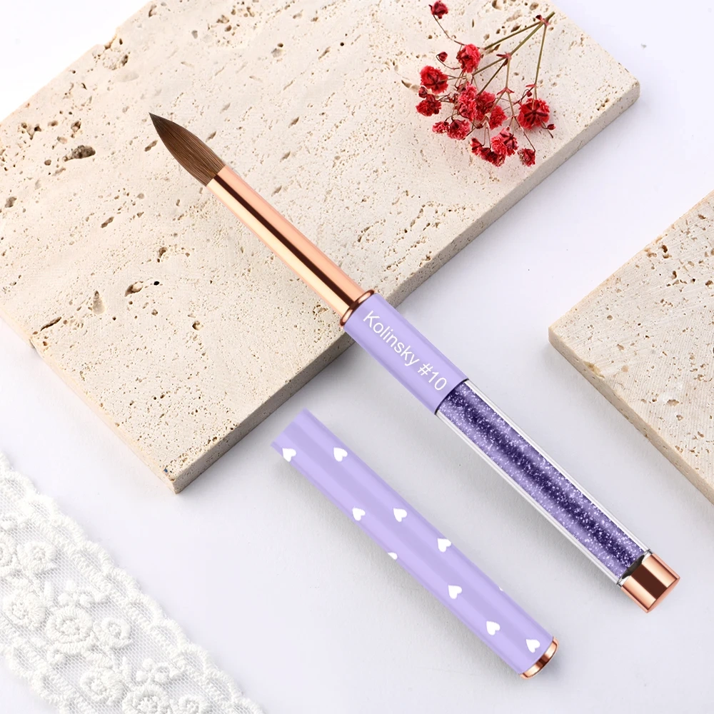 Popular Design 100% Kolinsky Acrylic Nail Brush Purple Glitter Liquid Handle Custom Nail Brush #2-#18