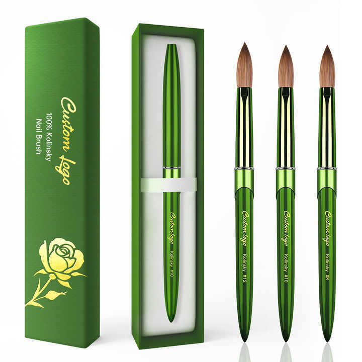 Best Selling Pure 100% Kolinsky Green Metal Nail Art Brush Custom Salon Acrylic Nails Brush