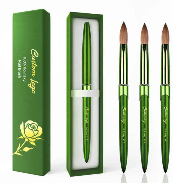 Best Selling Pure 100% Kolinsky Green Metal Nail Art Brush Custom Salon Acrylic Nails Brush