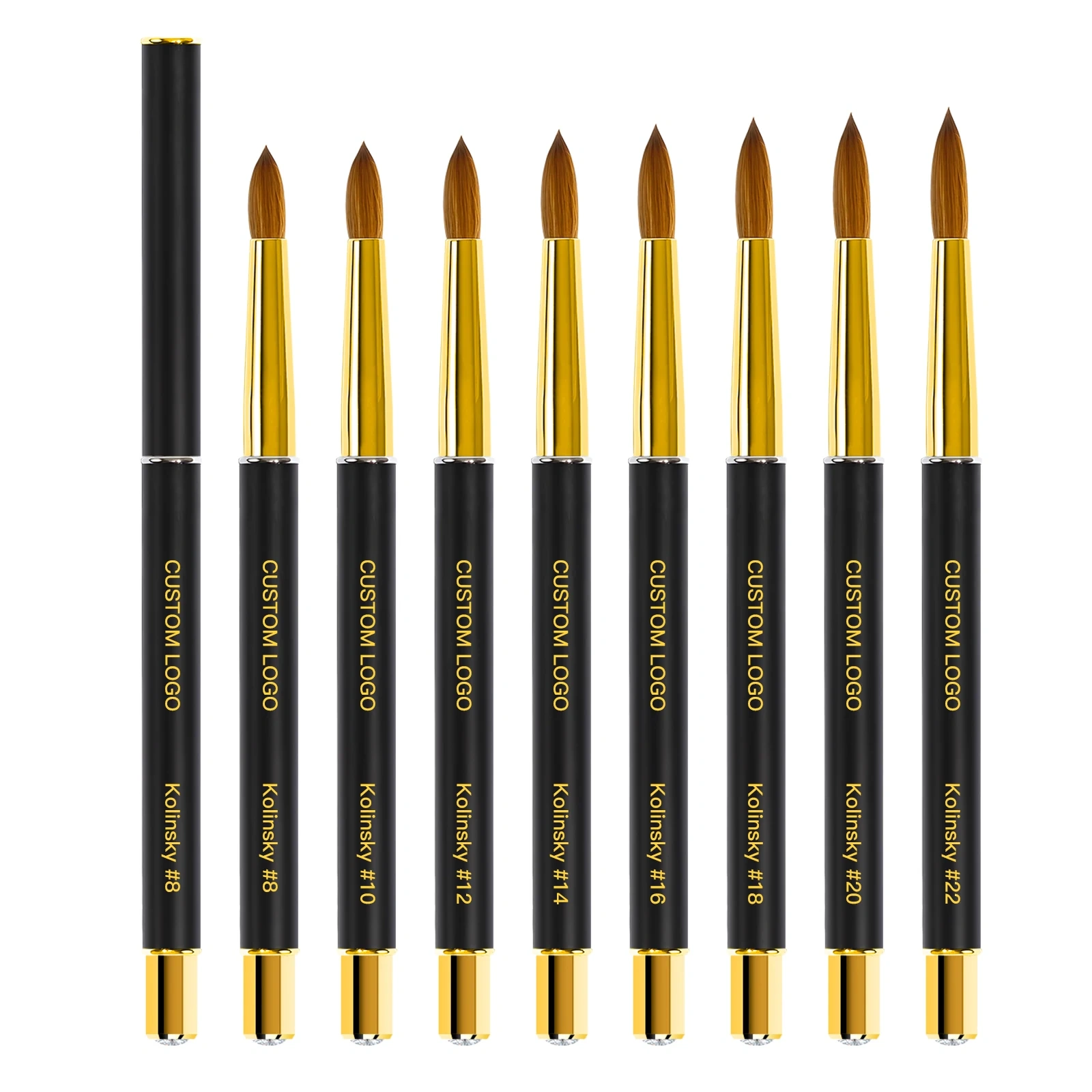 Professional Salon Acrylic Nails Black Gold Metal Handle 100% Kolinsky #8-#22  Acrylic Nail Brush With Rhinestone