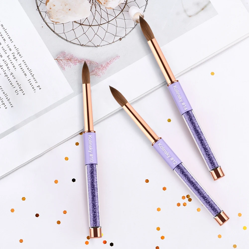 Popular Design 100% Kolinsky Acrylic Nail Brush Purple Glitter Liquid Handle Custom Nail Brush #2-#18