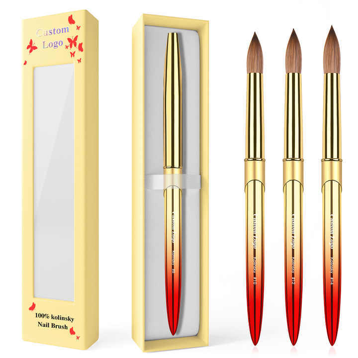 Premium 100% Kolinsky Nails Brush Gold Red Gradient Crimped #8-#22 Custom Logo Nail Acrylic Brush