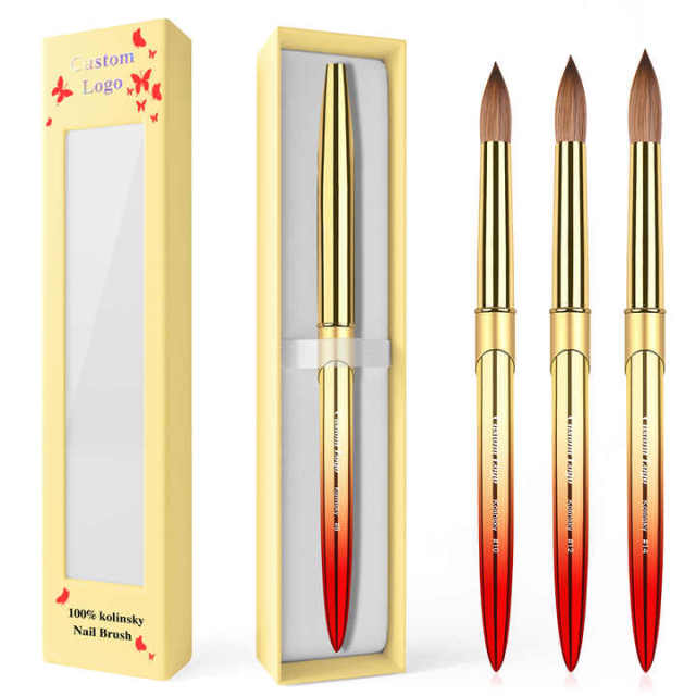 Premium 100% Kolinsky Nails Brush Gold Red Gradient Crimped #8-#22 Custom Logo Nail Acrylic Brush