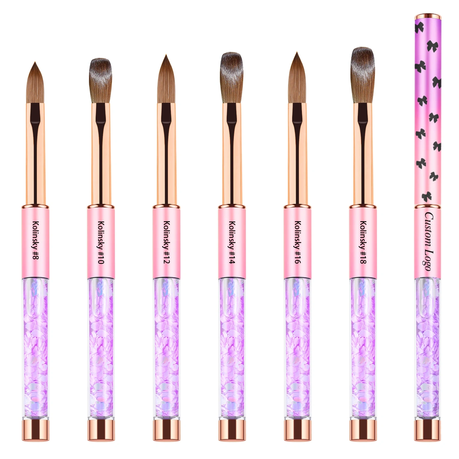Pink-Violet Gradient Handmade Kolinsky Brushes Custom Bow Printing Acrylic Nail Brush With Glitter