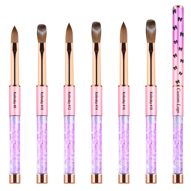 Pink-Violet Gradient Handmade Kolinsky Brushes Custom Bow Printing Acrylic Nail Brush With Glitter