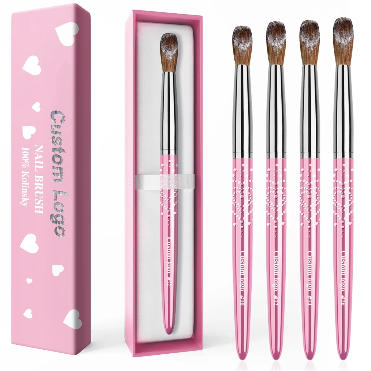 Customized Pink Metal Handle Flat/Oval Hair Shape Handmade 100% Pure Kolinsky Brush for Acrylic Nails