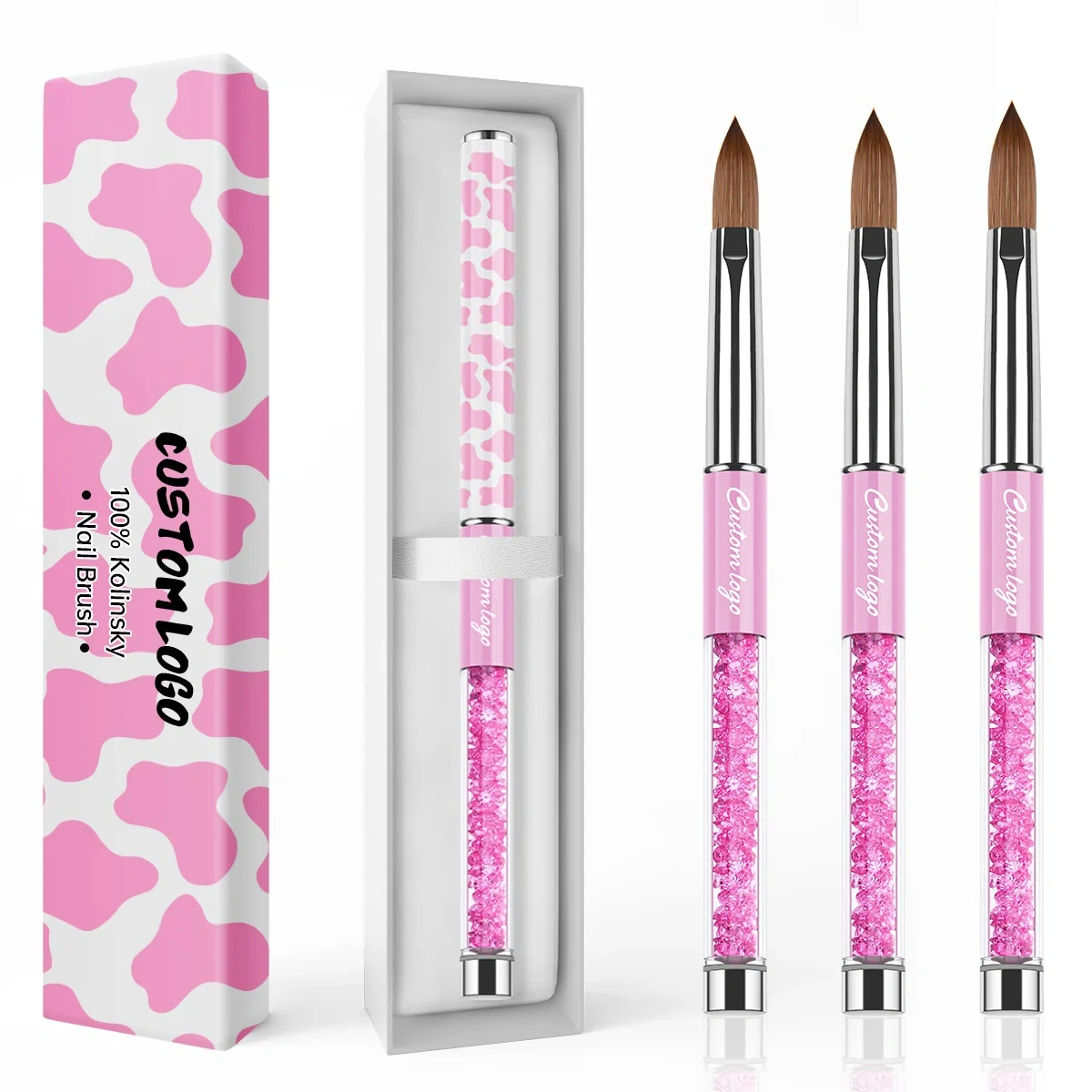 Popular Pure Sable Hair Custom Pink Cow Screen Printing Handmade Acrylic Nail Brush 100% Kolinsky