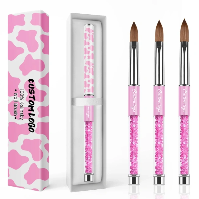 Popular Pure Sable Hair Custom Pink Cow Screen Printing Handmade Acrylic Nail Brush 100% Kolinsky