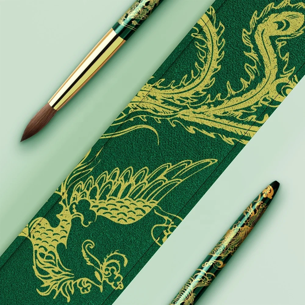 Standard USA Size Top Quality Hot Selling Green Dragon Metal Style 100% Kolinsky Nail Brushes Packaging Box for Acrylic #16