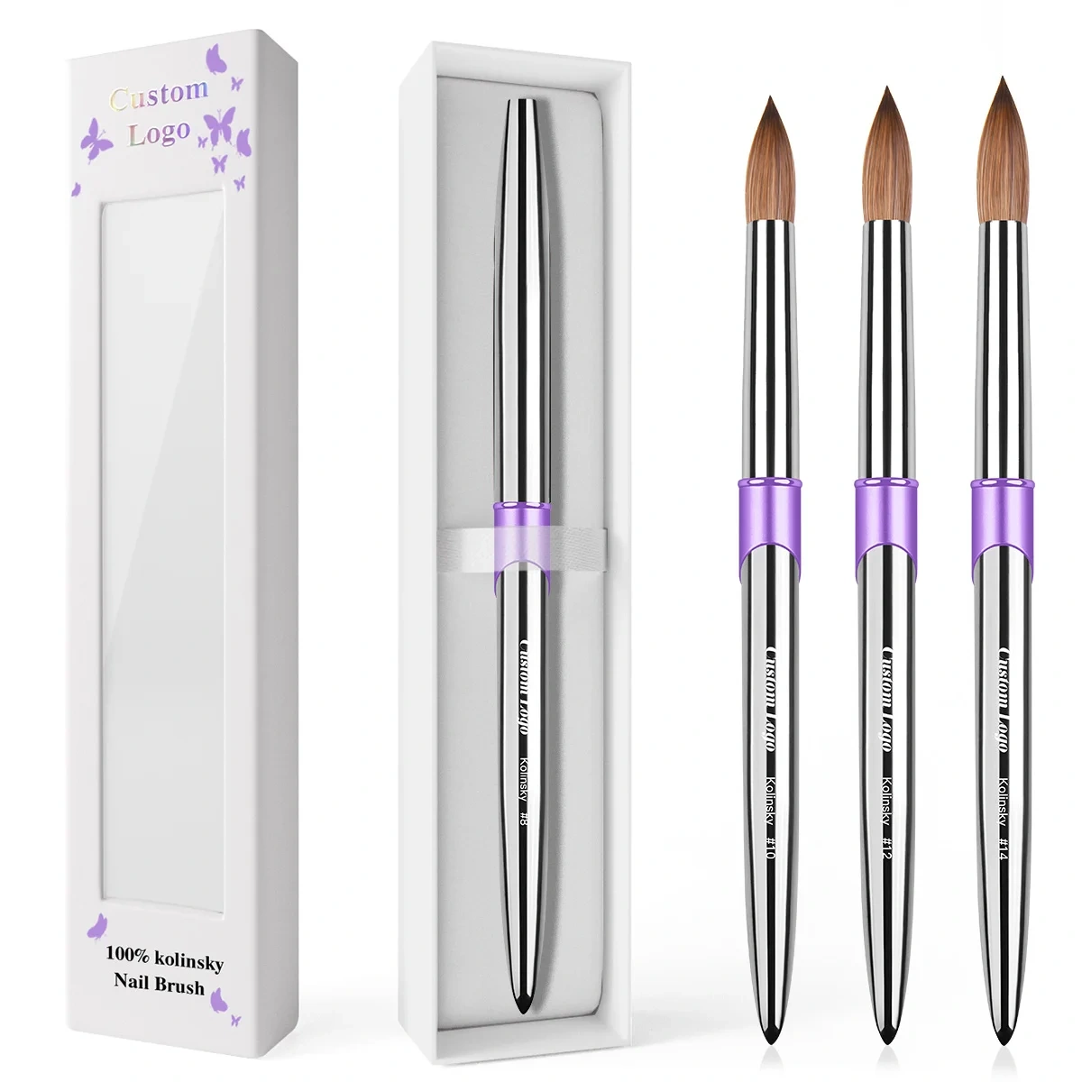 Fashion 100% Kolinsky Nails Brush Custom Anti-monomer Silver Metal USA Size Nails Brush Acrylic Kolinsky