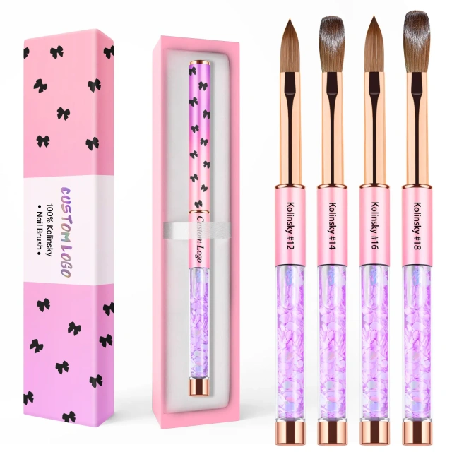 Pink-Violet Gradient Handmade Kolinsky Brushes Custom Bow Printing Acrylic Nail Brush With Glitter