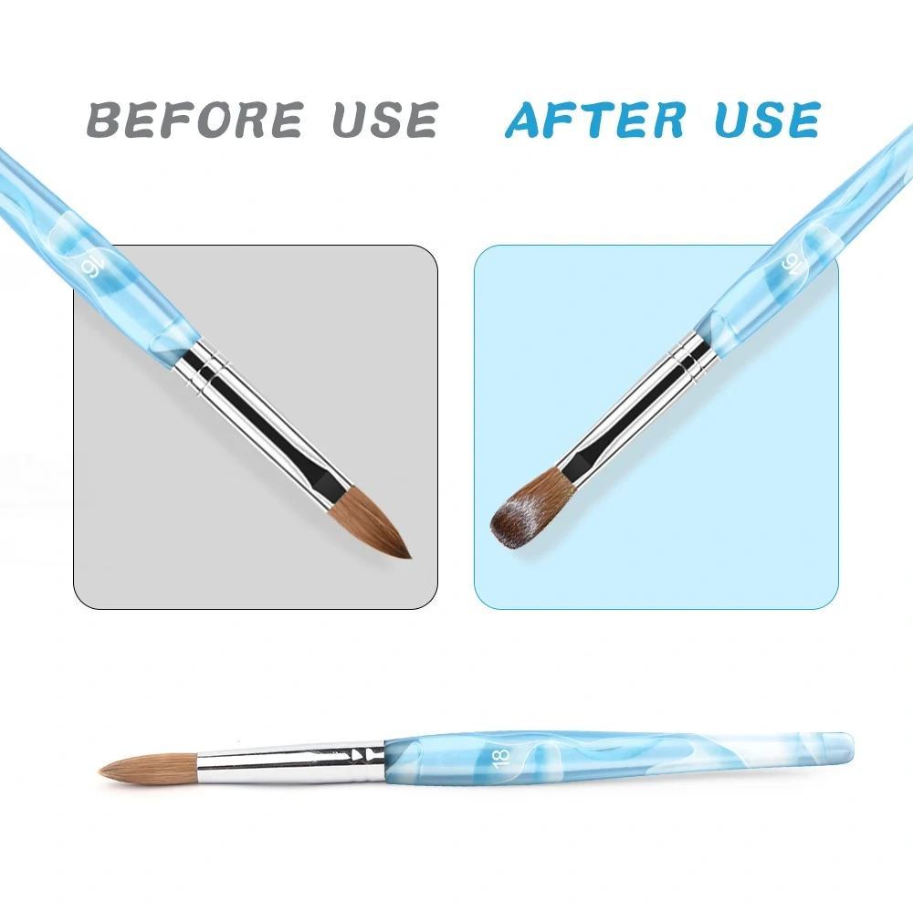 Wholesale OEM Packaging Sky Blue Ferrule Acrylin Crimped 100% Kolinsky Acrylic Nail Brush Nails Size 8 10 12 14 16 18 20