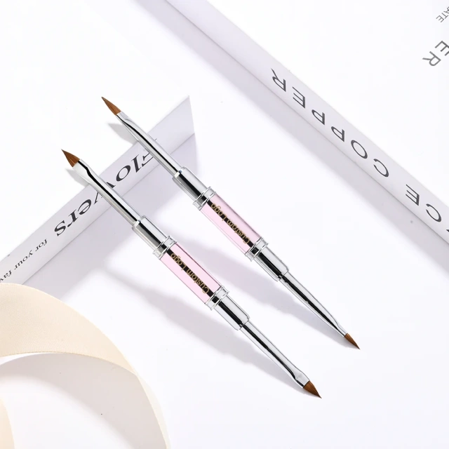 Wholesale OEM Packaging Sliver Ferrule Double-end Crimped Pink 100% Kolinsky Acrylic 3D Nail Art Brush Size 4