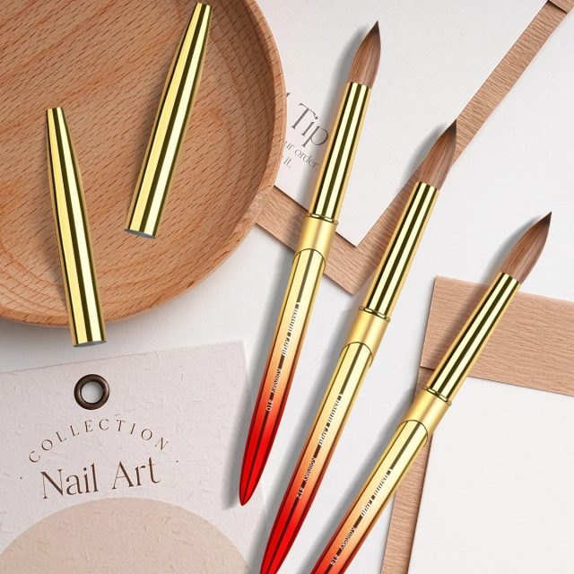 Premium 100% Kolinsky Nails Brush Gold Red Gradient Crimped #8-#22 Custom Logo Nail Acrylic Brush