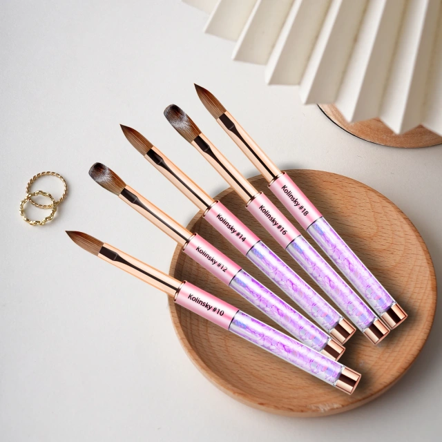 Pink-Violet Gradient Handmade Kolinsky Brushes Custom Bow Printing Acrylic Nail Brush With Glitter