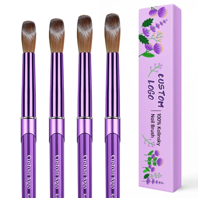 Nail Supplies Manufacturers Purple Color Custom Logo High Quality 100% Oval Shape Kolinsky Brush for Acrylic Nails