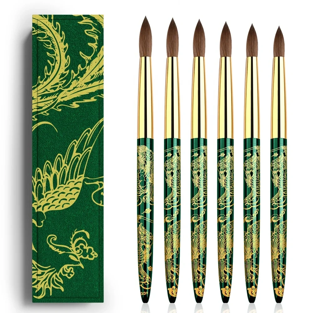 Standard USA Size Top Quality Hot Selling Green Dragon Metal Style 100% Kolinsky Nail Brushes Packaging Box for Acrylic #16