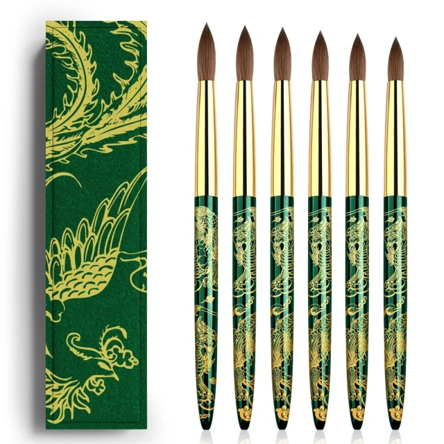 Standard USA Size Top Quality Hot Selling Green Dragon Metal Style 100% Kolinsky Nail Brushes Packaging Box for Acrylic #16