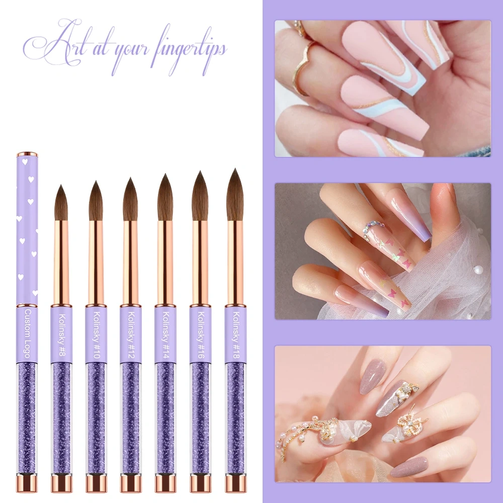 Popular Design 100% Kolinsky Acrylic Nail Brush Purple Glitter Liquid Handle Custom Nail Brush #2-#18