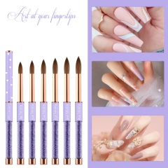 Popular Design 100% Kolinsky Acrylic Nail Brush Purple Glitter Liquid Handle Custom Nail Brush #2-#18
