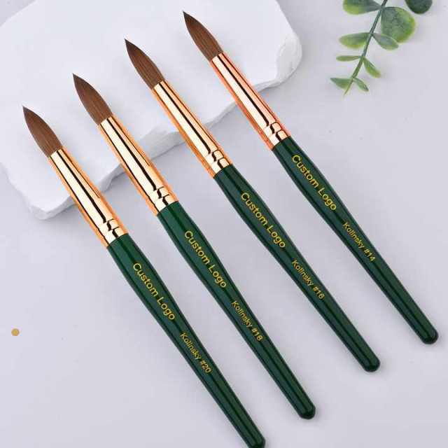 Best USA Size 12/14/16/18/20 Nail Brush Kolinsky Round /Oval Acrylic Nail Brush with Green Wooden Handle for Custom Logo