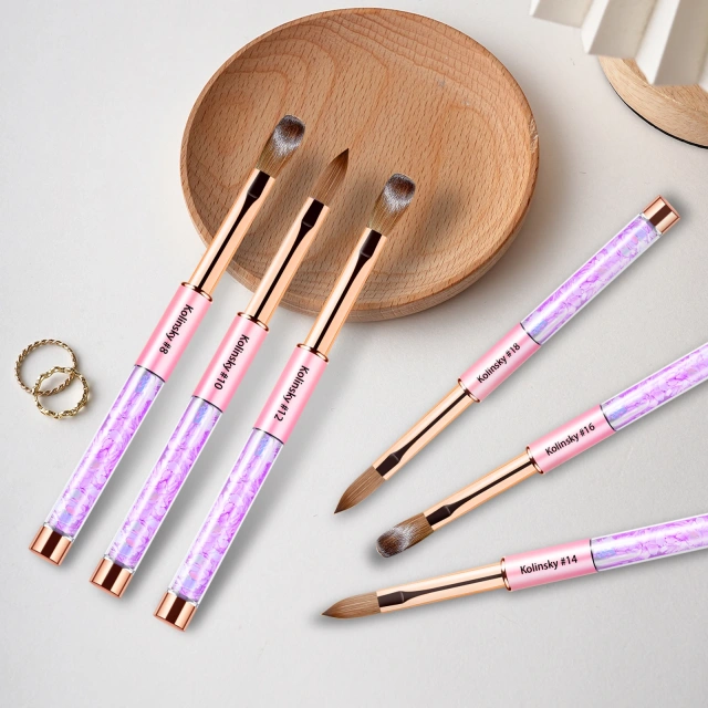 Pink-Violet Gradient Handmade Kolinsky Brushes Custom Bow Printing Acrylic Nail Brush With Glitter