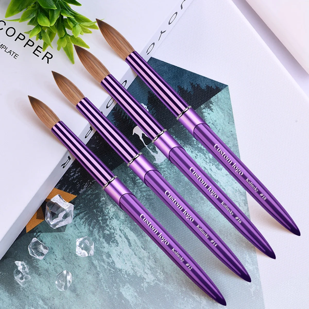 Nail Supplies Manufacturers Purple Color Custom Logo High Quality 100% Oval Shape Kolinsky Brush for Acrylic Nails