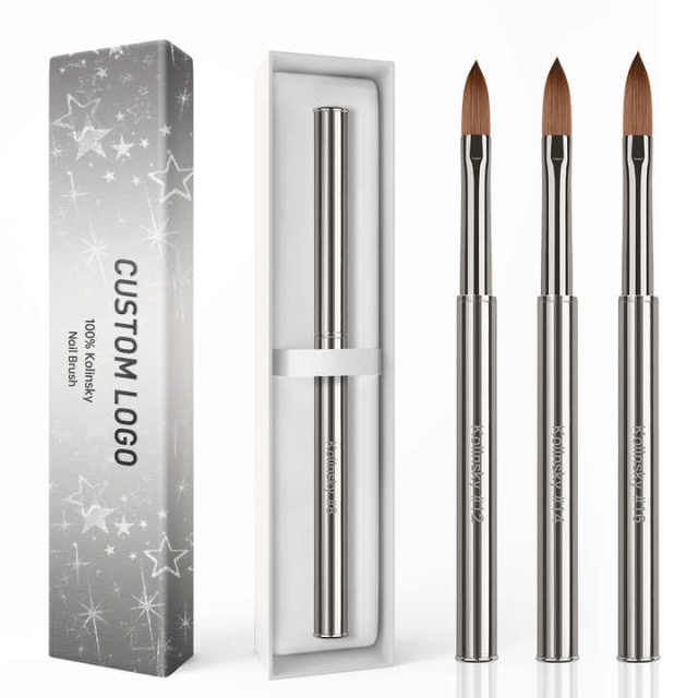 Hot Selling Silver Metal Nail 100% Kolinsky Hair Brush Acrylic Pen Siberian Sable Watercolor Brush Set Custom LOGO #16